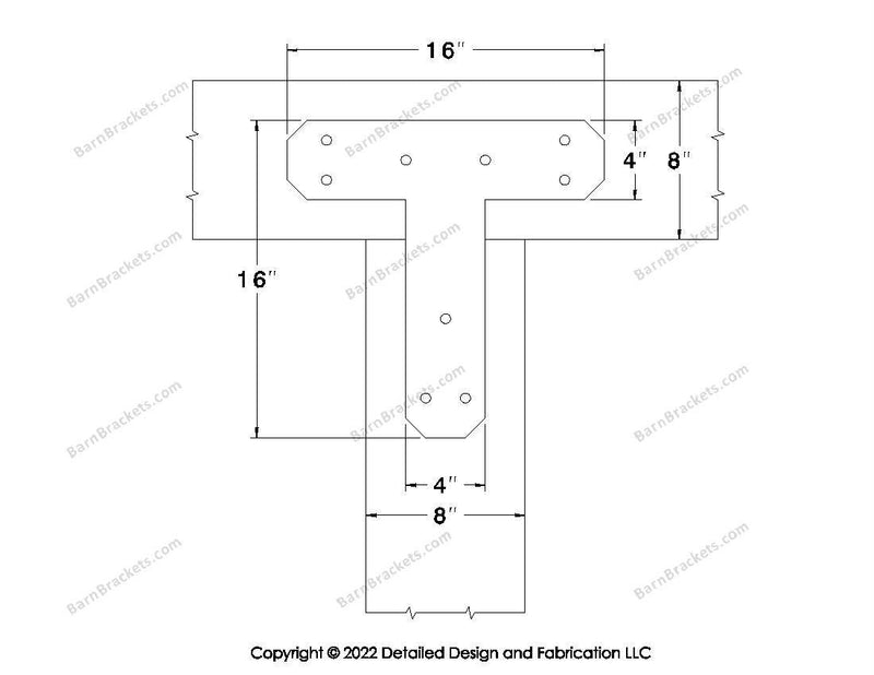 T shaped Brackets for 8 inch beams - Chamfered - Triangular style holes - BarnBrackets.com