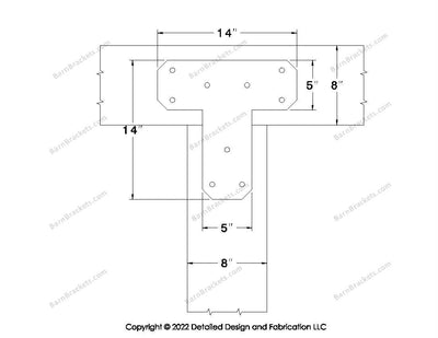 T shaped Brackets for 8 inch beams - Chamfered - Triangular style holes - BarnBrackets.com