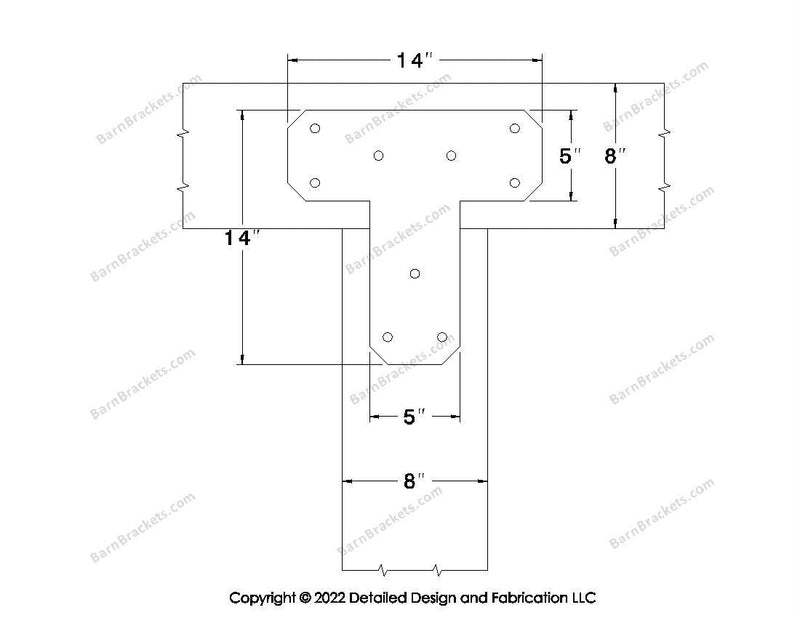 T shaped Brackets for 8 inch beams - Chamfered - Triangular style holes - BarnBrackets.com