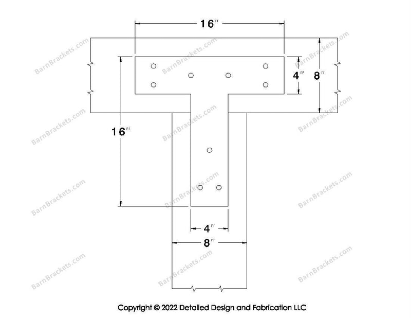 T shaped Brackets for 8 inch beams - Square - Triangular style holes - BarnBrackets.com