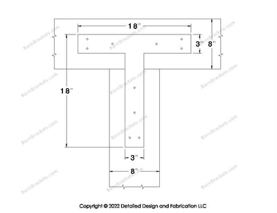 T shaped Brackets for 8 inch beams - Square - Triangular style holes - BarnBrackets.com