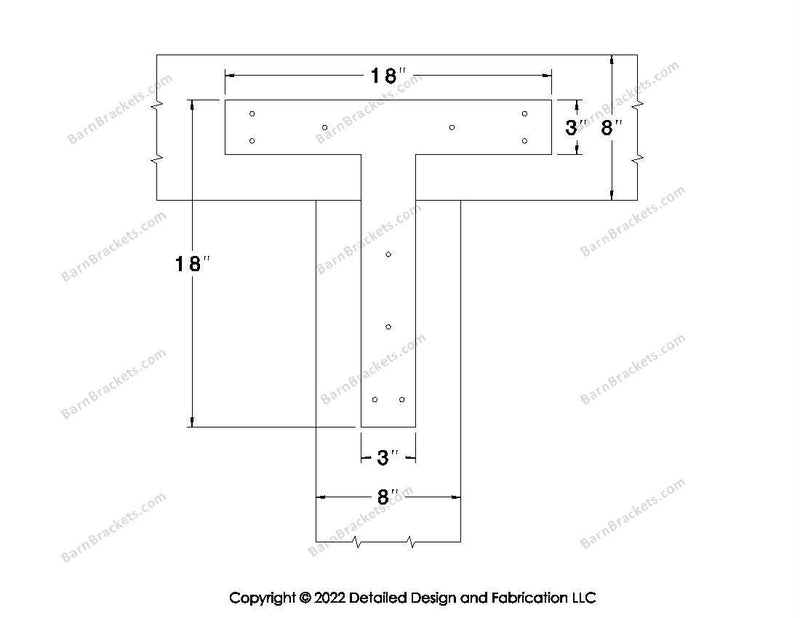 T shaped Brackets for 8 inch beams - Square - Triangular style holes - BarnBrackets.com