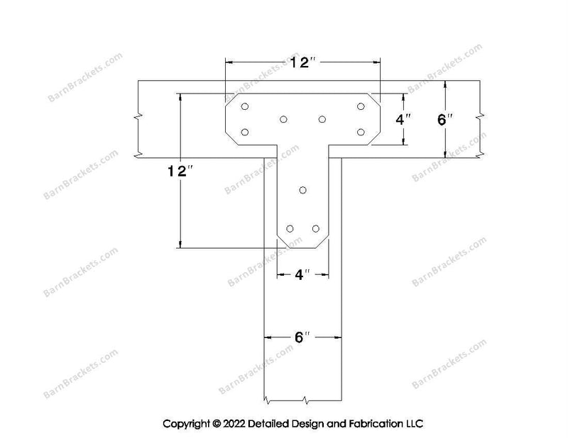 T shaped Brackets for 6 inch beams - Chamfered - Triangular style holes - BarnBrackets.com