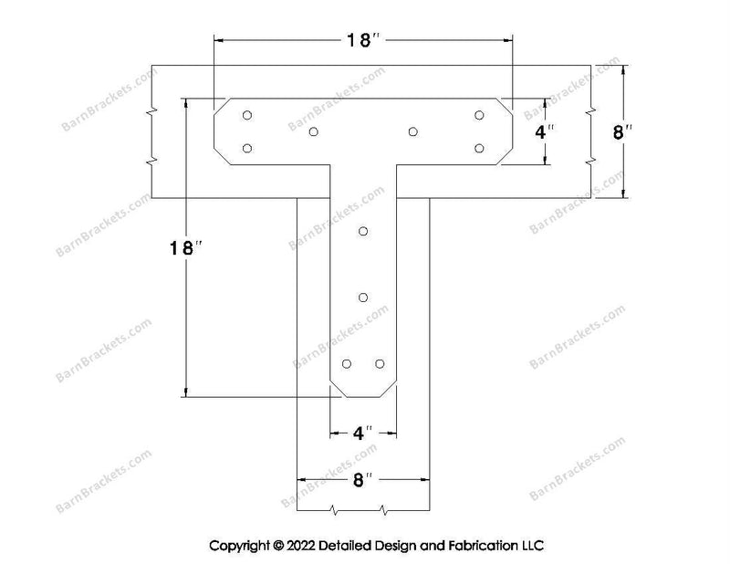 T shaped Brackets for 8 inch beams - Chamfered - Triangular style holes - BarnBrackets.com