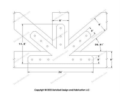 This is a middle fan bracket for a timber frame truss.  These steel brackets are for 6 inch timber beams.  This is the large size with chamfered corners.  Dimensions are for a 10-12 pitch roof.