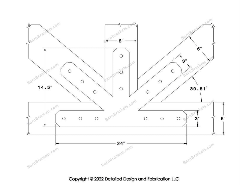 This is a middle fan bracket for a timber frame truss.  These steel brackets are for 6 inch timber beams.  This is the large size with chamfered corners.  Dimensions are for a 10-12 pitch roof.