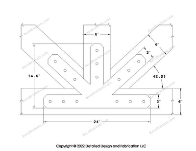 This is a middle fan bracket for a timber frame truss.  These steel brackets are for 6 inch timber beams.  This is the large size with chamfered corners.  Dimensions are for a 11-12 pitch roof.