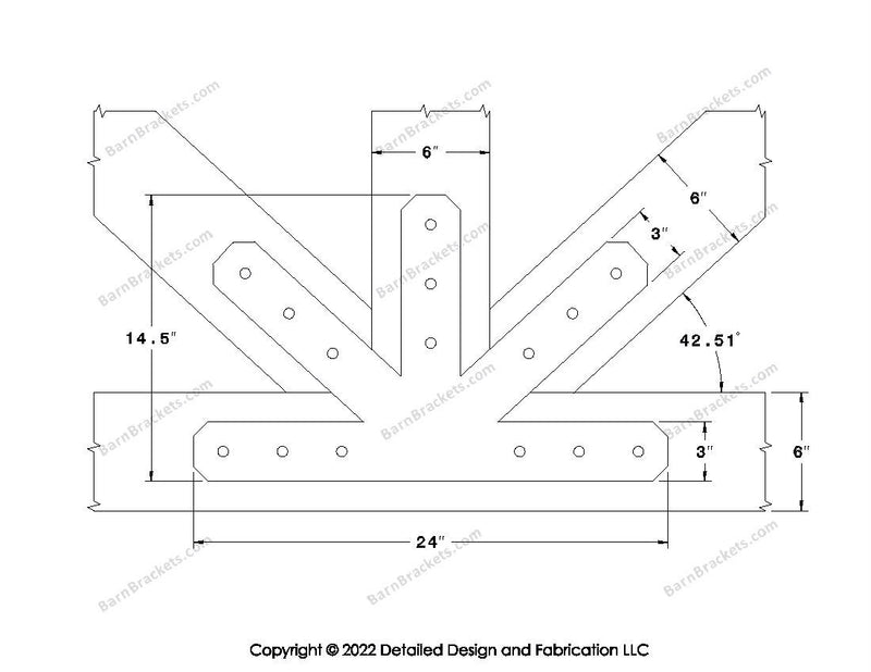 This is a middle fan bracket for a timber frame truss.  These steel brackets are for 6 inch timber beams.  This is the large size with chamfered corners.  Dimensions are for a 11-12 pitch roof.