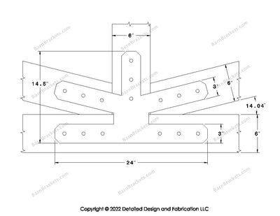 This is a middle fan bracket for a timber frame truss.  These steel brackets are for 6 inch timber beams.  This is the large size with chamfered corners.  Dimensions are for a 3-12 pitch roof.