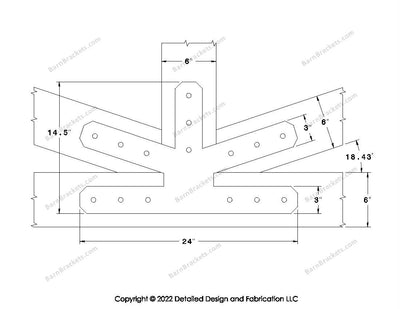 This is a middle fan bracket for a timber frame truss.  These steel brackets are for 6 inch timber beams.  This is the large size with chamfered corners.  Dimensions are for a 4-12 pitch roof.