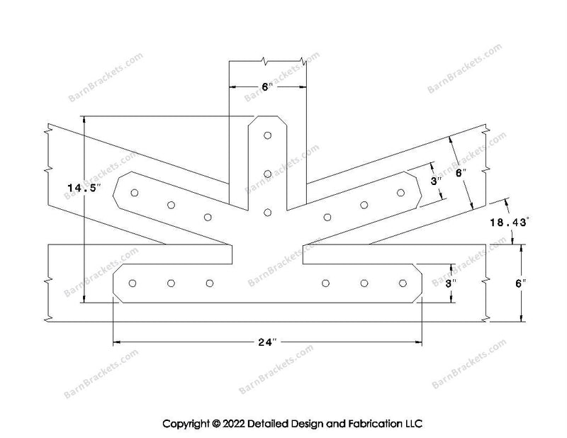 This is a middle fan bracket for a timber frame truss.  These steel brackets are for 6 inch timber beams.  This is the large size with chamfered corners.  Dimensions are for a 4-12 pitch roof.