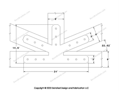 This is a middle fan bracket for a timber frame truss.  These steel brackets are for 6 inch timber beams.  This is the large size with chamfered corners.  Dimensions are for a 5-12 pitch roof.