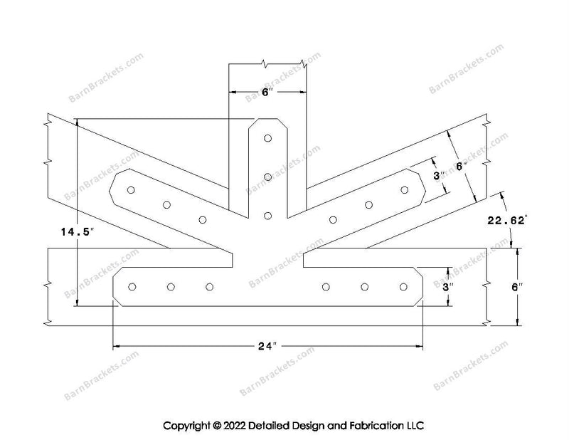 This is a middle fan bracket for a timber frame truss.  These steel brackets are for 6 inch timber beams.  This is the large size with chamfered corners.  Dimensions are for a 5-12 pitch roof.