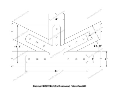 This is a middle fan bracket for a timber frame truss.  These steel brackets are for 6 inch timber beams.  This is the large size with chamfered corners.  Dimensions are for a 6-12 pitch roof.