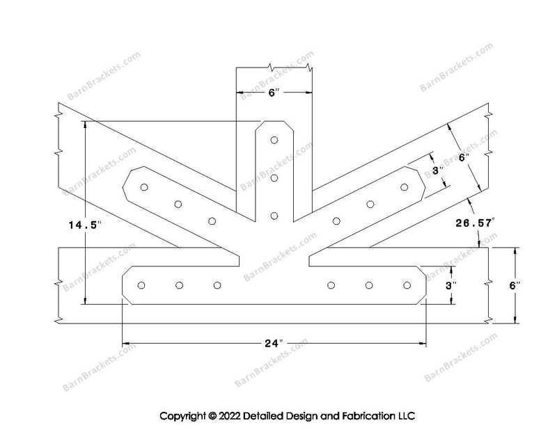 This is a middle fan bracket for a timber frame truss.  These steel brackets are for 6 inch timber beams.  This is the large size with chamfered corners.  Dimensions are for a 6-12 pitch roof.