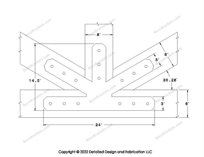 This is a middle fan bracket for a timber frame truss.  These steel brackets are for 6 inch timber beams.  This is the large size with chamfered corners.  Dimensions are for a 7-12 pitch roof.