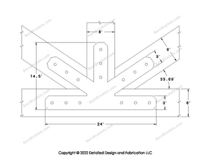 This is a middle fan bracket for a timber frame truss.  These steel brackets are for 6 inch timber beams.  This is the large size with chamfered corners.  Dimensions are for a 8-12 pitch roof.