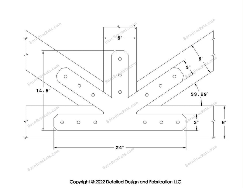 This is a middle fan bracket for a timber frame truss.  These steel brackets are for 6 inch timber beams.  This is the large size with chamfered corners.  Dimensions are for a 8-12 pitch roof.